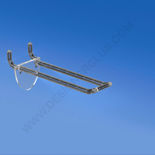 Double plastic prong transparent with double hook clip for pegboard 100 mm. Whit rounded front for label holders