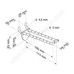 Double plastic prong transparent with double hook clip for pegboard 100 mm. Whit rounded front for label holders