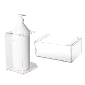 CLEAR WALL MOUNTED HOLDERS FOR HAND SANITIZER DISPENSER AND DISPOSABLE GLOVES