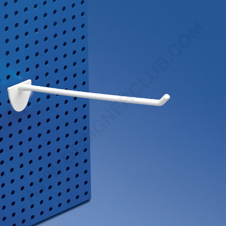 Single plastic prong white with double hook clip for pegboard 200 mm.