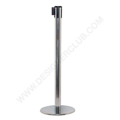 Polished chrome steel retractable post with flat base - belt color yellow/black