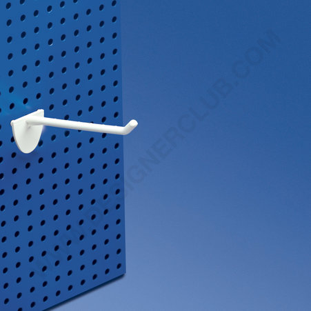 Single plastic prong white with double hook clip for pegboard 100 mm.